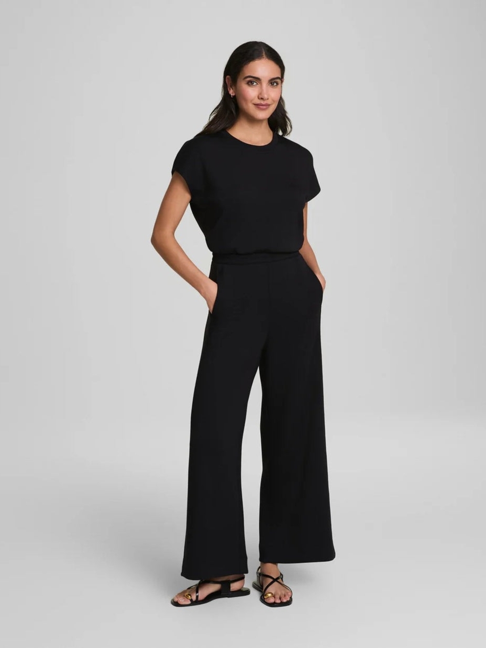 SPANX Black Wide-Leg Jumpsuit with Short Sleeves SzM Gentle Used